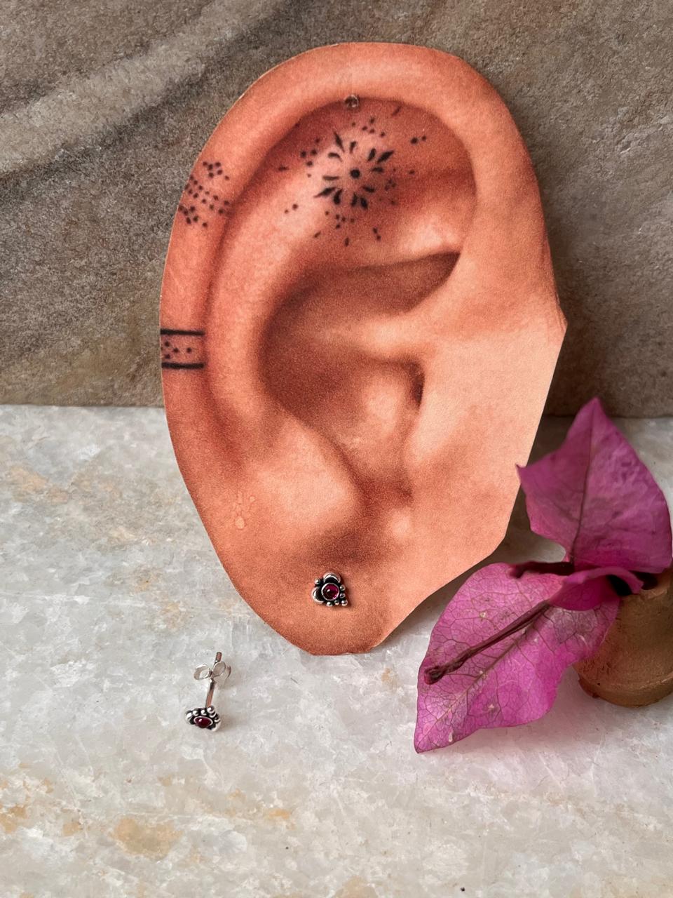 Delicate leaf design sterling silver earrings with pink CZ stones