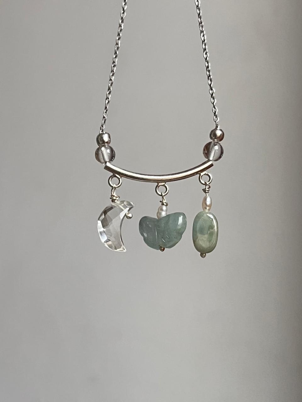 Lunar Garden- Aquamarine Butterfly, Tumble & Clear Quartz Moon Charms 925 Sterling Silver Necklace