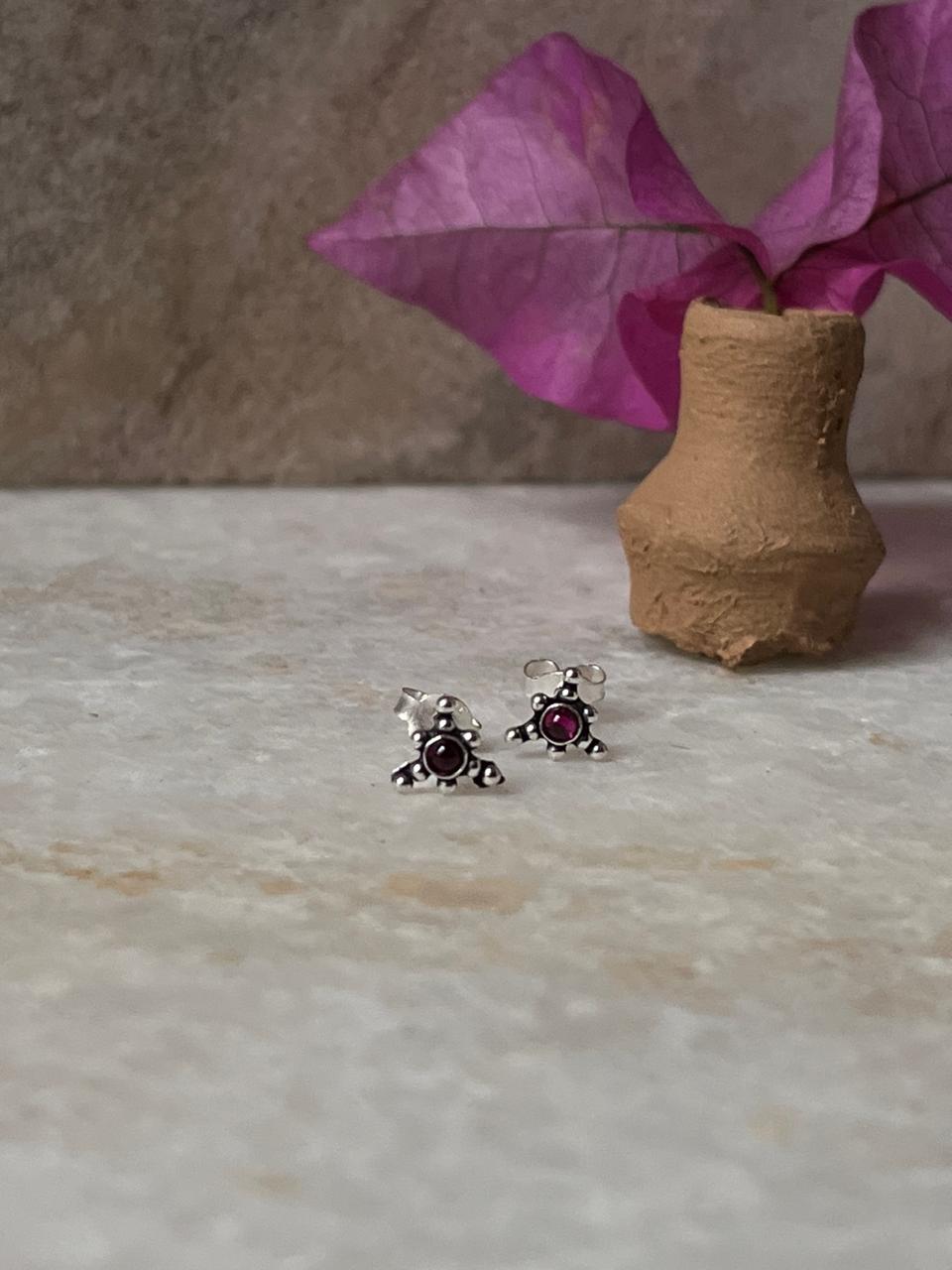 Rawa work pink CZ flower studs in sterling silver earrings