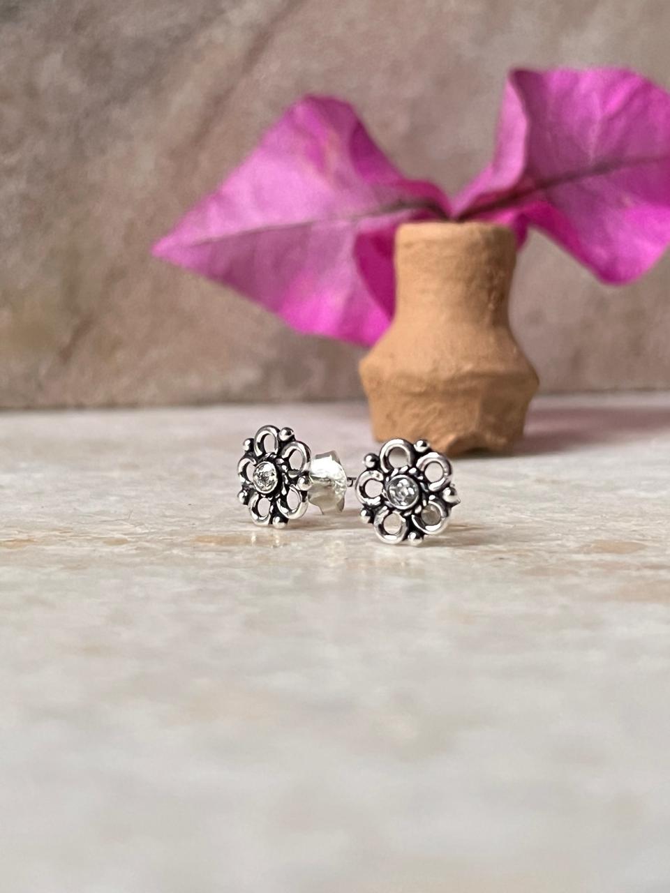 925 sterling silver white cubic zirconia floral stud earrings
