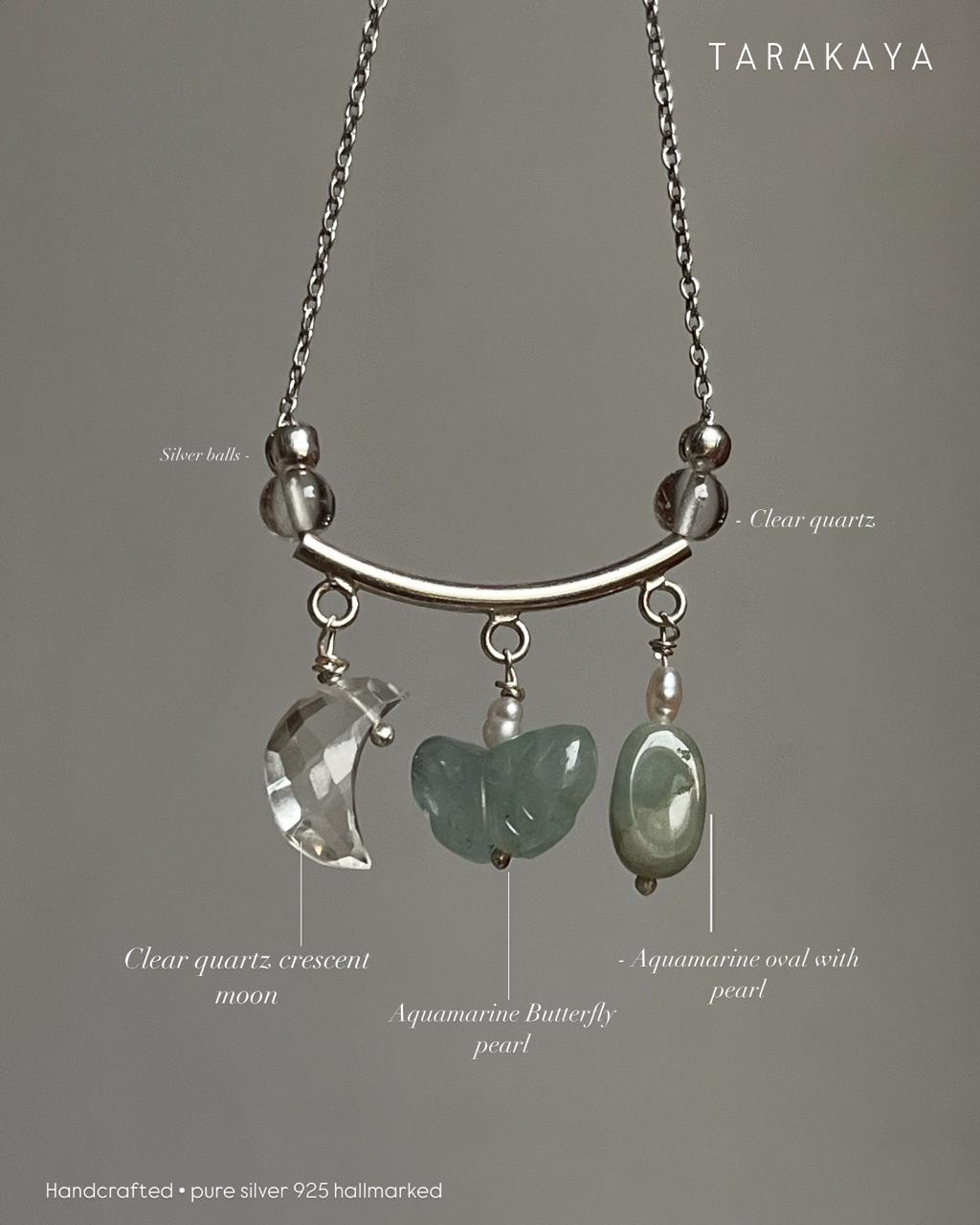 Lunar Garden- Aquamarine Butterfly, Tumble & Clear Quartz Moon Charms 925 Sterling Silver Necklace