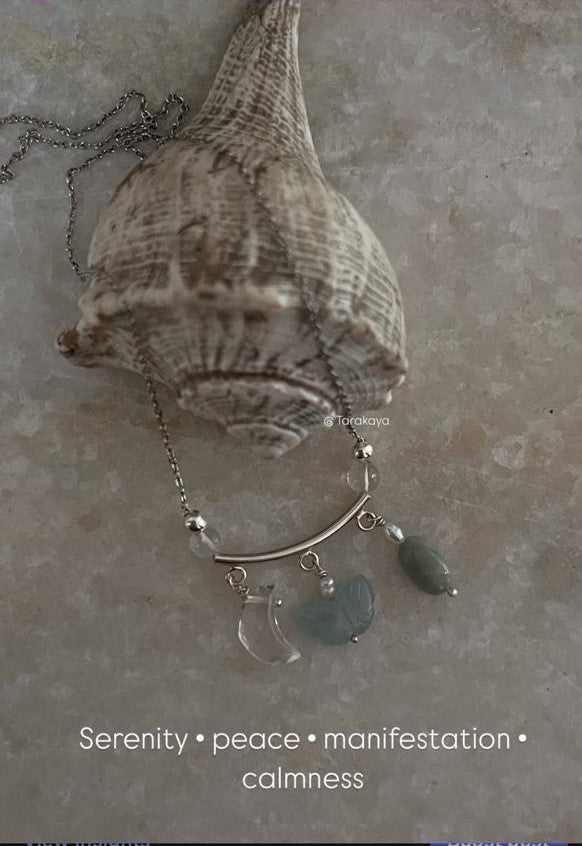 Lunar Garden- Aquamarine Butterfly, Tumble & Clear Quartz Moon Charms 925 Sterling Silver Necklace