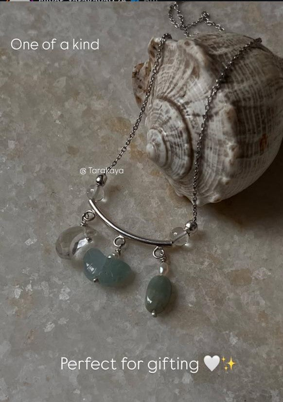 Lunar Garden- Aquamarine Butterfly, Tumble & Clear Quartz Moon Charms 925 Sterling Silver Necklace