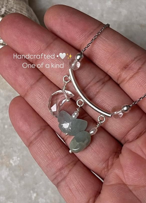 Lunar Garden- Aquamarine Butterfly, Tumble & Clear Quartz Moon Charms 925 Sterling Silver Necklace