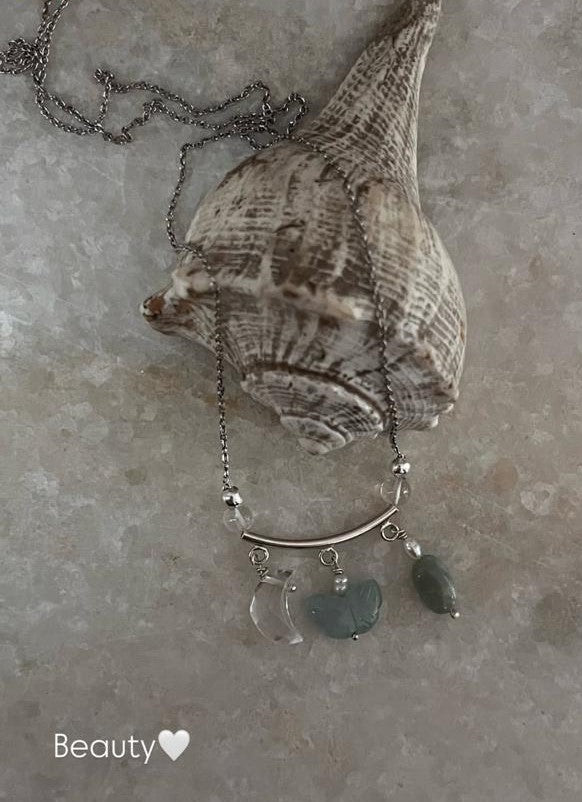Lunar Garden- Aquamarine Butterfly, Tumble & Clear Quartz Moon Charms 925 Sterling Silver Necklace