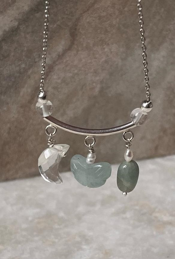 Lunar Garden- Aquamarine Butterfly, Tumble & Clear Quartz Moon Charms 925 Sterling Silver Necklace