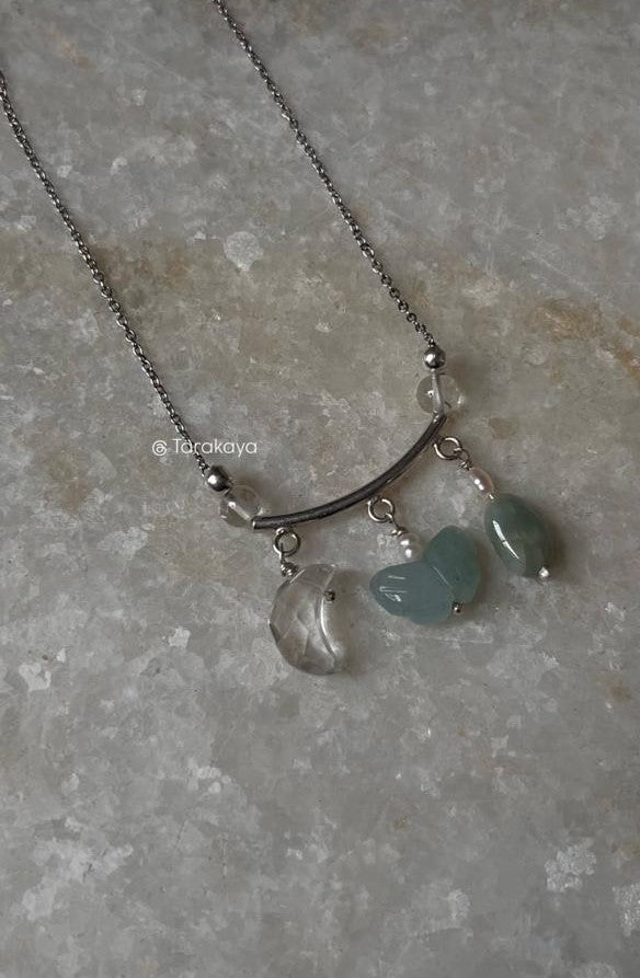 Lunar Garden- Aquamarine Butterfly, Tumble & Clear Quartz Moon Charms 925 Sterling Silver Necklace