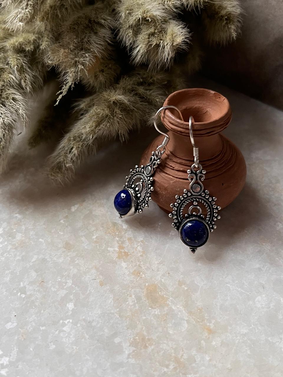 Lapis Boho Crown 925 Sterling Silver Earrings