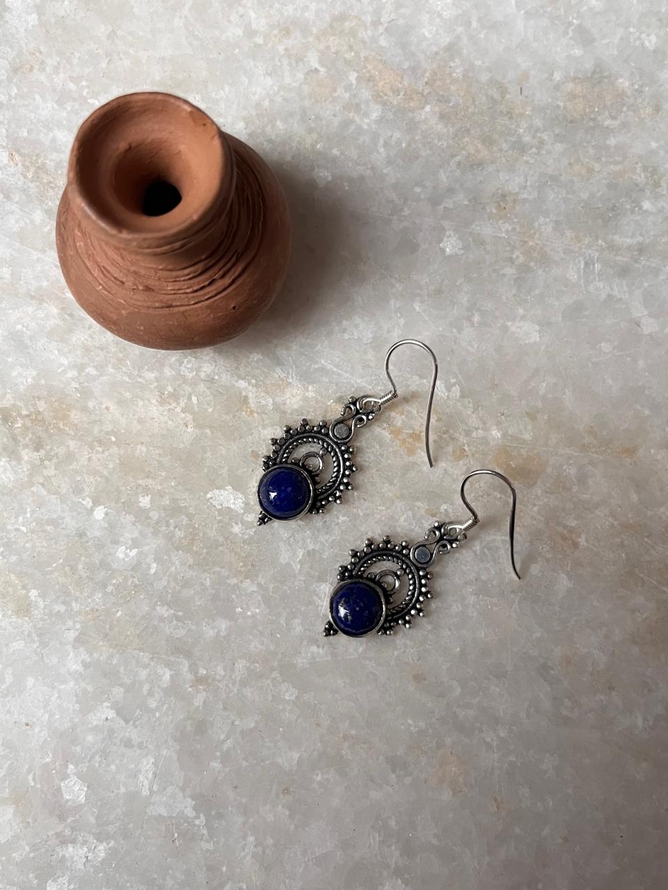 Lapis Boho Crown 925 Sterling Silver Earrings