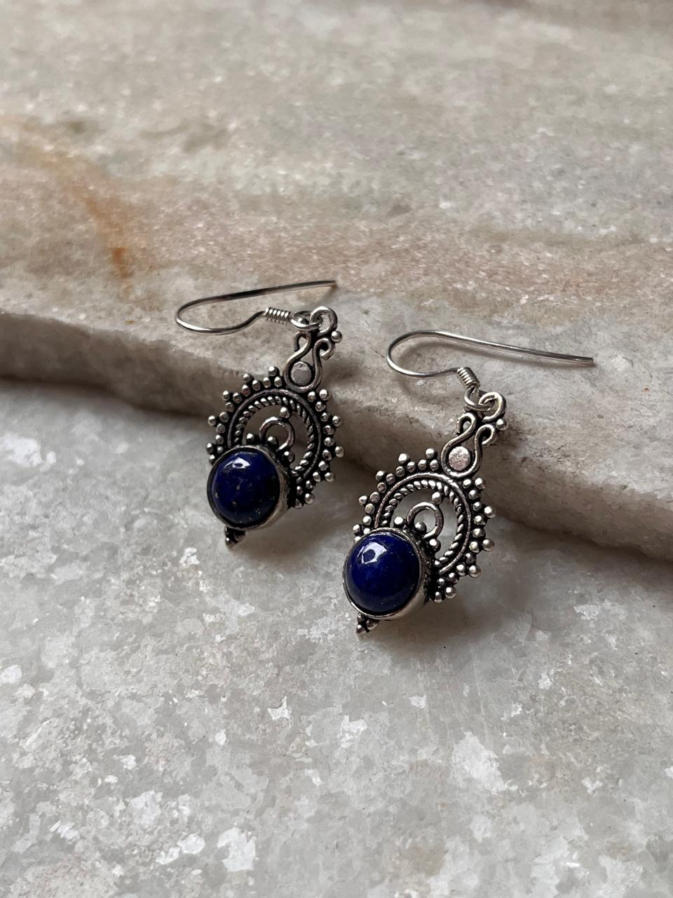 Lapis Boho Crown 925 Sterling Silver Earrings