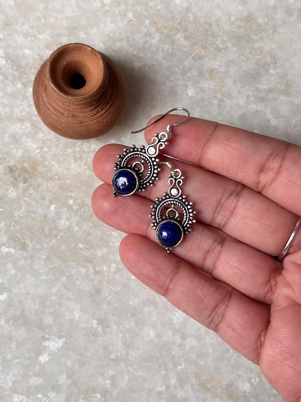 Lapis Boho Crown 925 Sterling Silver Earrings