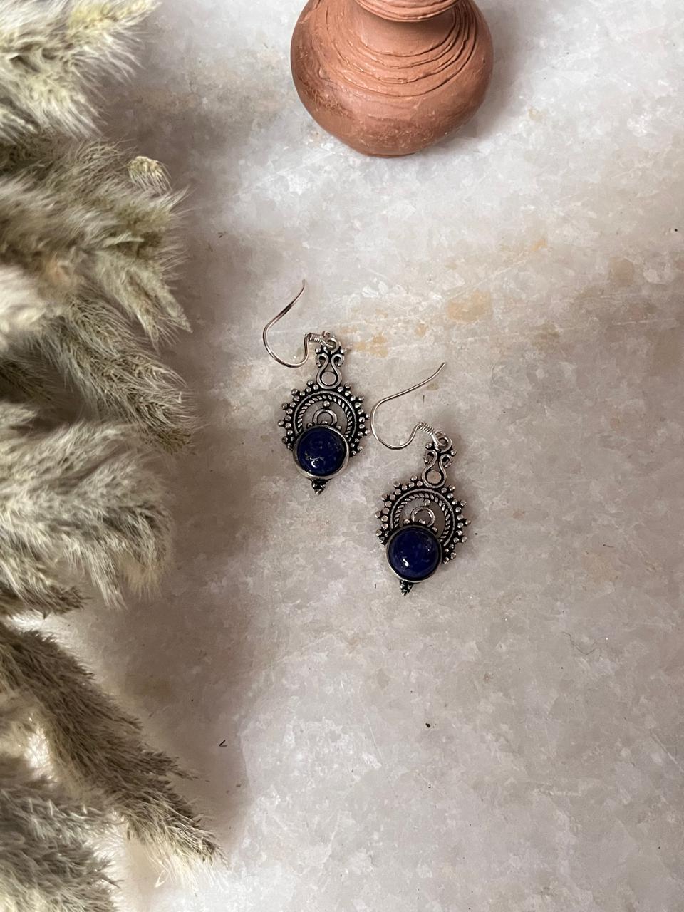 Lapis Boho Crown 925 Sterling Silver Earrings