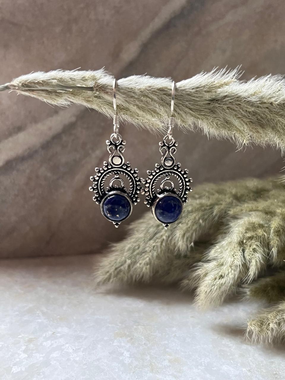 Lapis Boho Crown 925 Sterling Silver Earrings