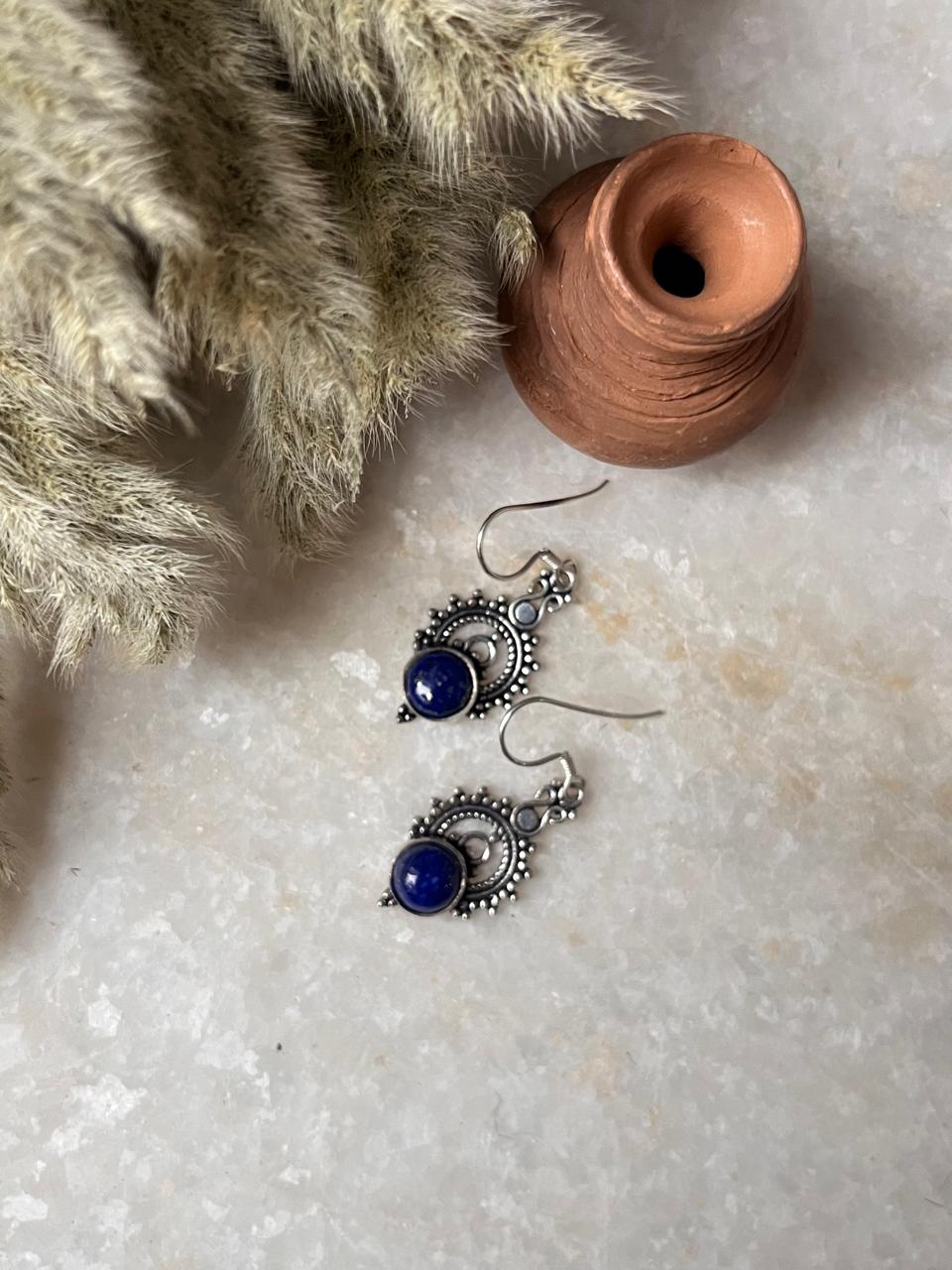 Lapis Boho Crown 925 Sterling Silver Earrings