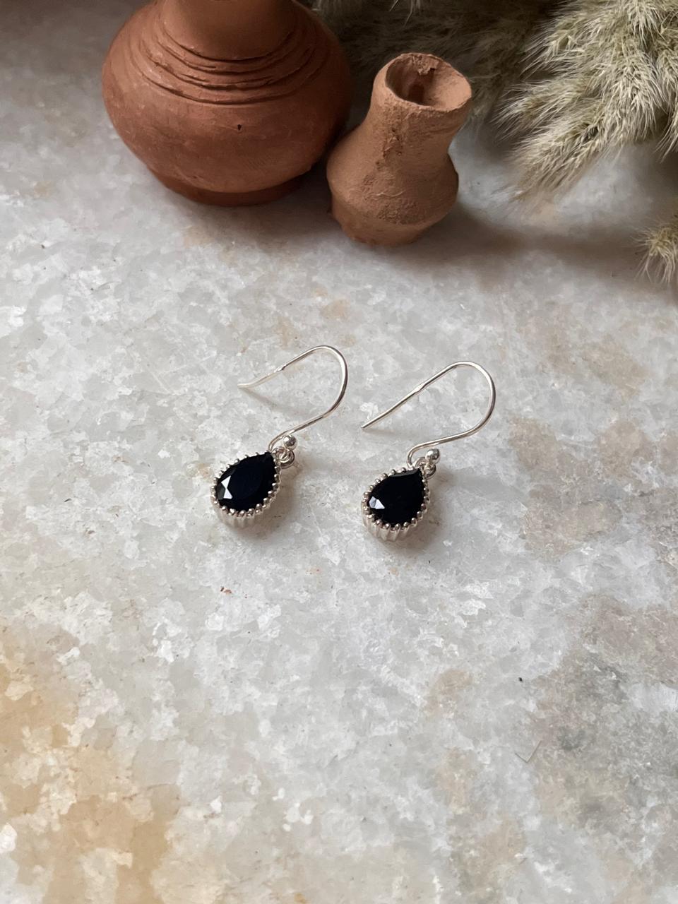 Black Onyx Tiny Pear Hook 925 Sterling Silver Earrings