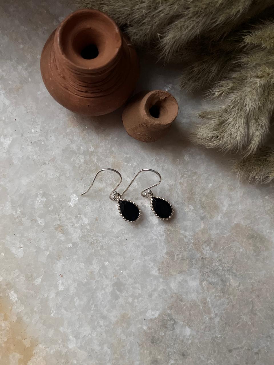 Black Onyx Tiny Pear Hook 925 Sterling Silver Earrings