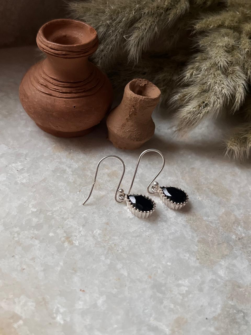 Black Onyx Tiny Pear Hook 925 Sterling Silver Earrings