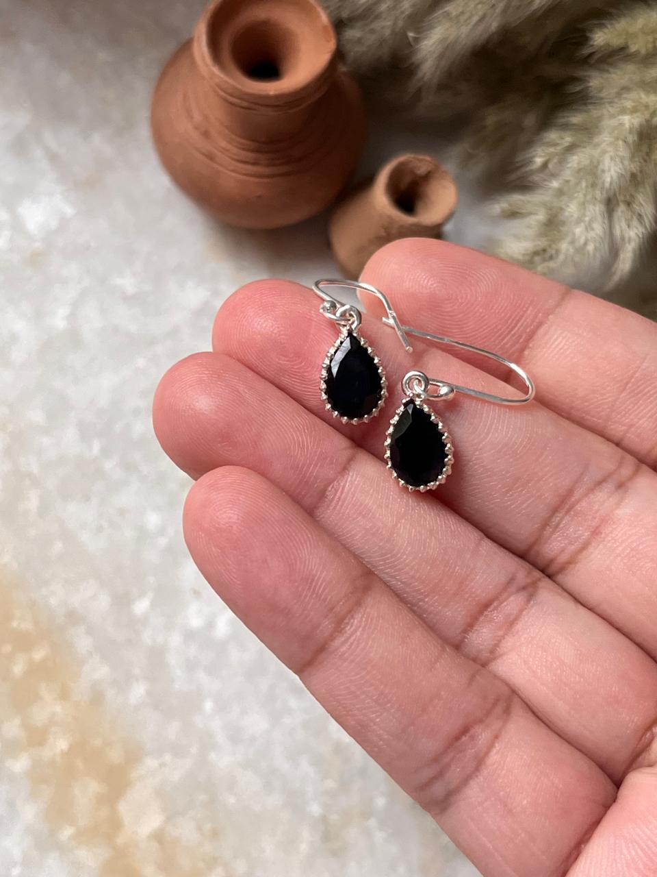 Black Onyx Tiny Pear Hook 925 Sterling Silver Earrings