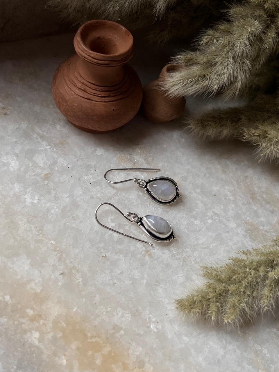Moonstone Pear Boho Hook 925 Sterling Silver Earrings
