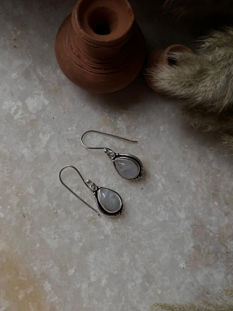 Moonstone Pear Boho Hook 925 Sterling Silver Earrings