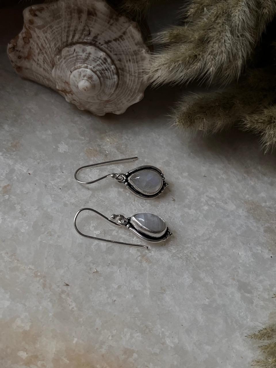 Moonstone Pear Boho Hook 925 Sterling Silver Earrings