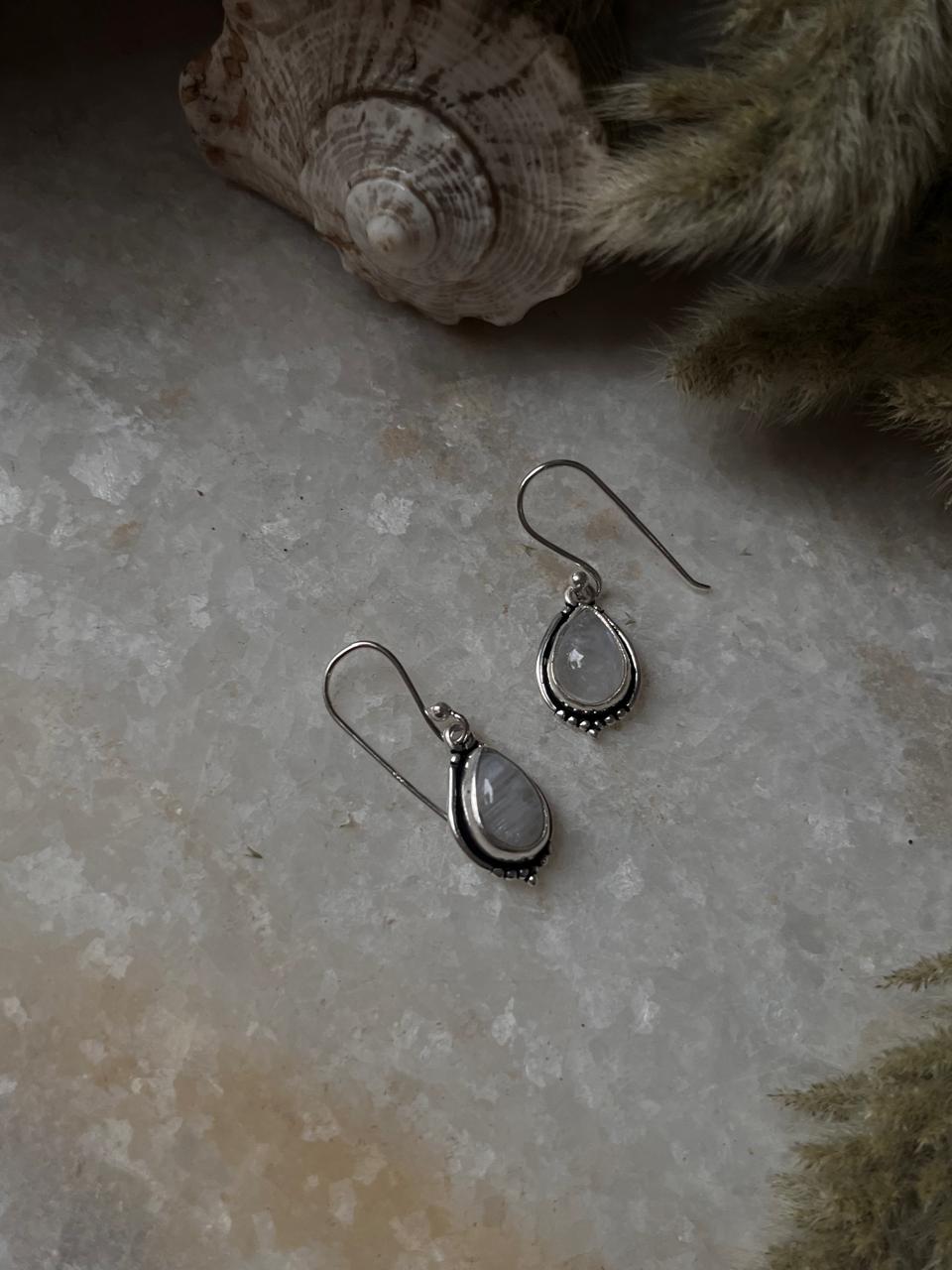 Moonstone Pear Boho Hook 925 Sterling Silver Earrings