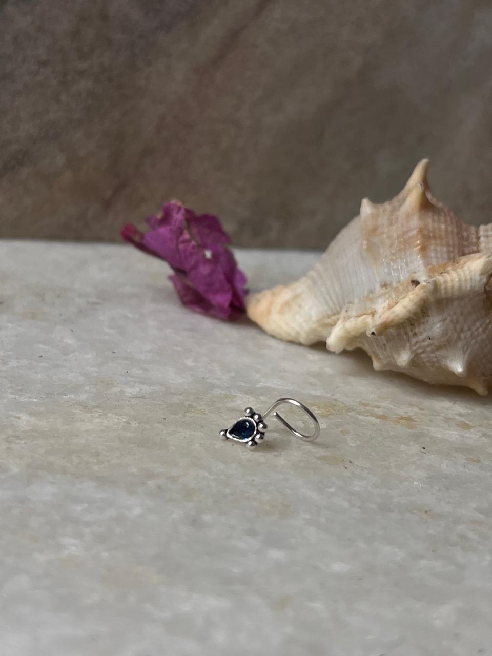 Tribal Rawa Blue Cz Stone Wired Back 925 Sterling Silver Nose pin