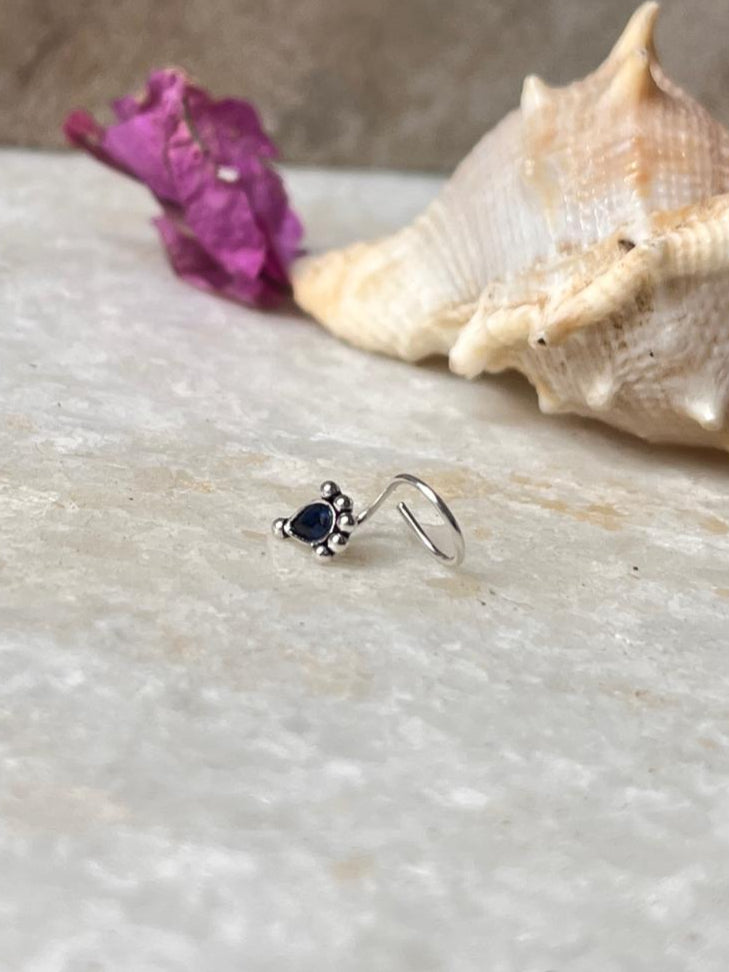 Tribal Rawa Blue Cz Stone Wired Back 925 Sterling Silver Nose pin