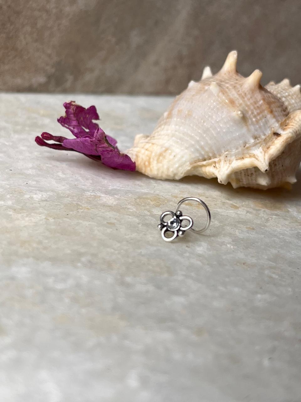 Tribal Rawa White Cz Stone Wired Back 925 Sterling Silver Nose pin