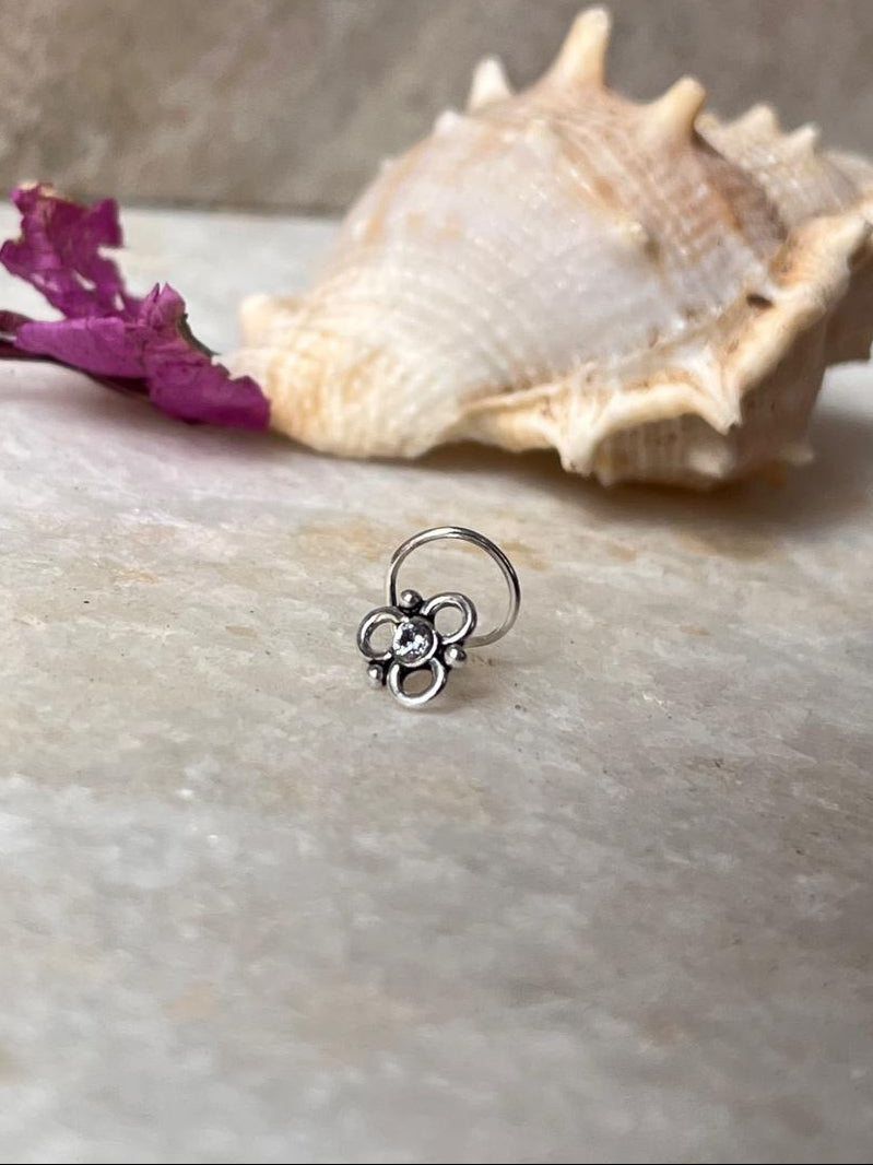 Tribal Rawa White Cz Stone Wired Back 925 Sterling Silver Nose pin