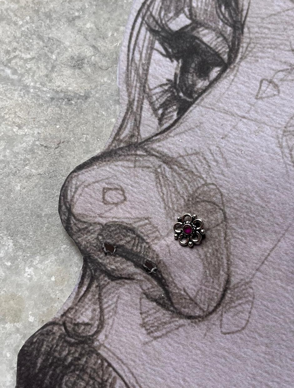 Tribal Rawa Pink Cz Stone Wired Back 925 Sterling Silver Nose pin