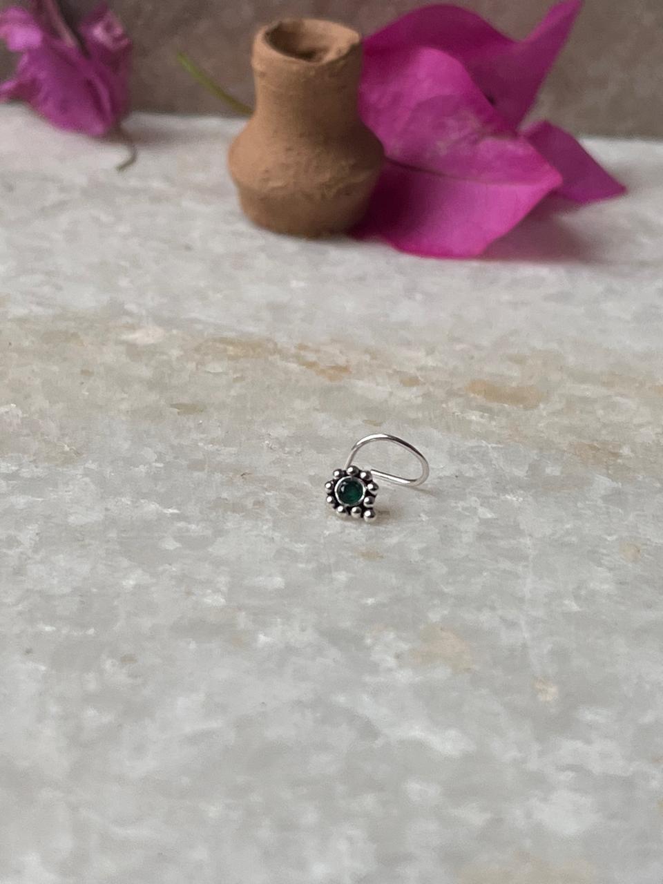 Tribal Rawa Green Cz Stone Wired Back 925 Sterling Silver Nose pin