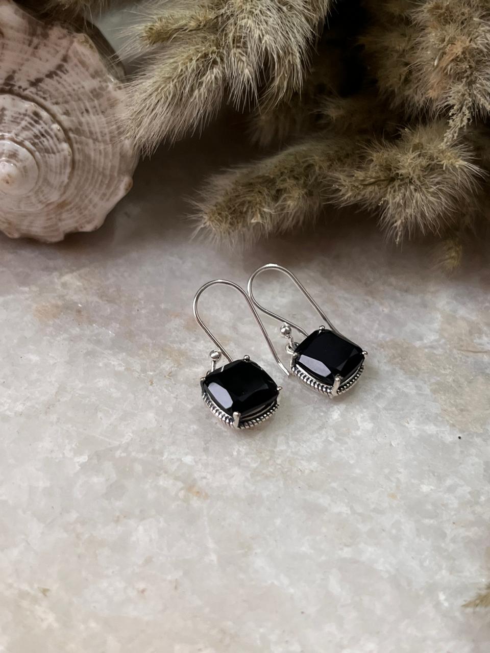Black Onyx Vintage Cushion Cut 925 Sterling Silver Earrings