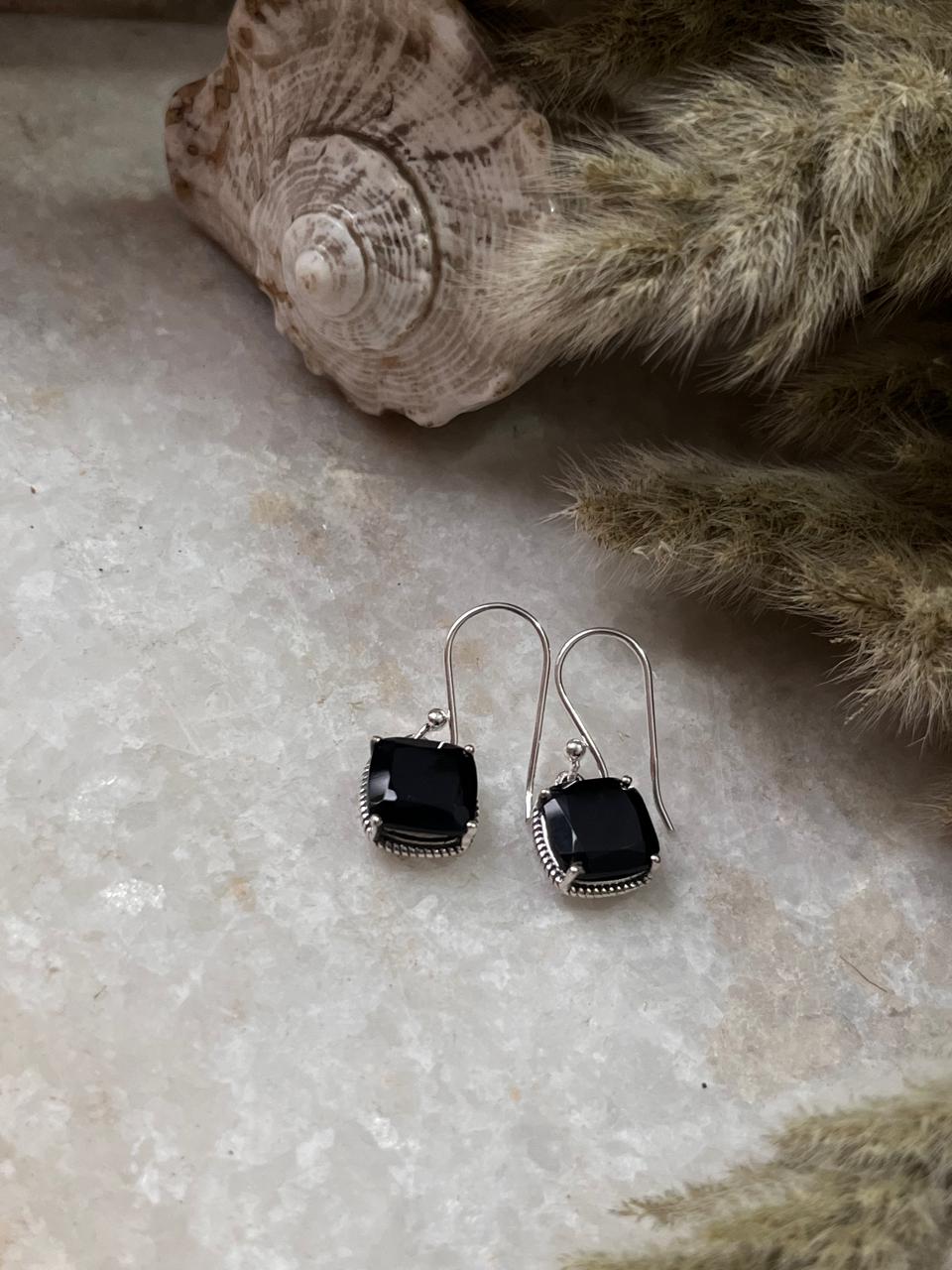 Black Onyx Vintage Cushion Cut 925 Sterling Silver Earrings