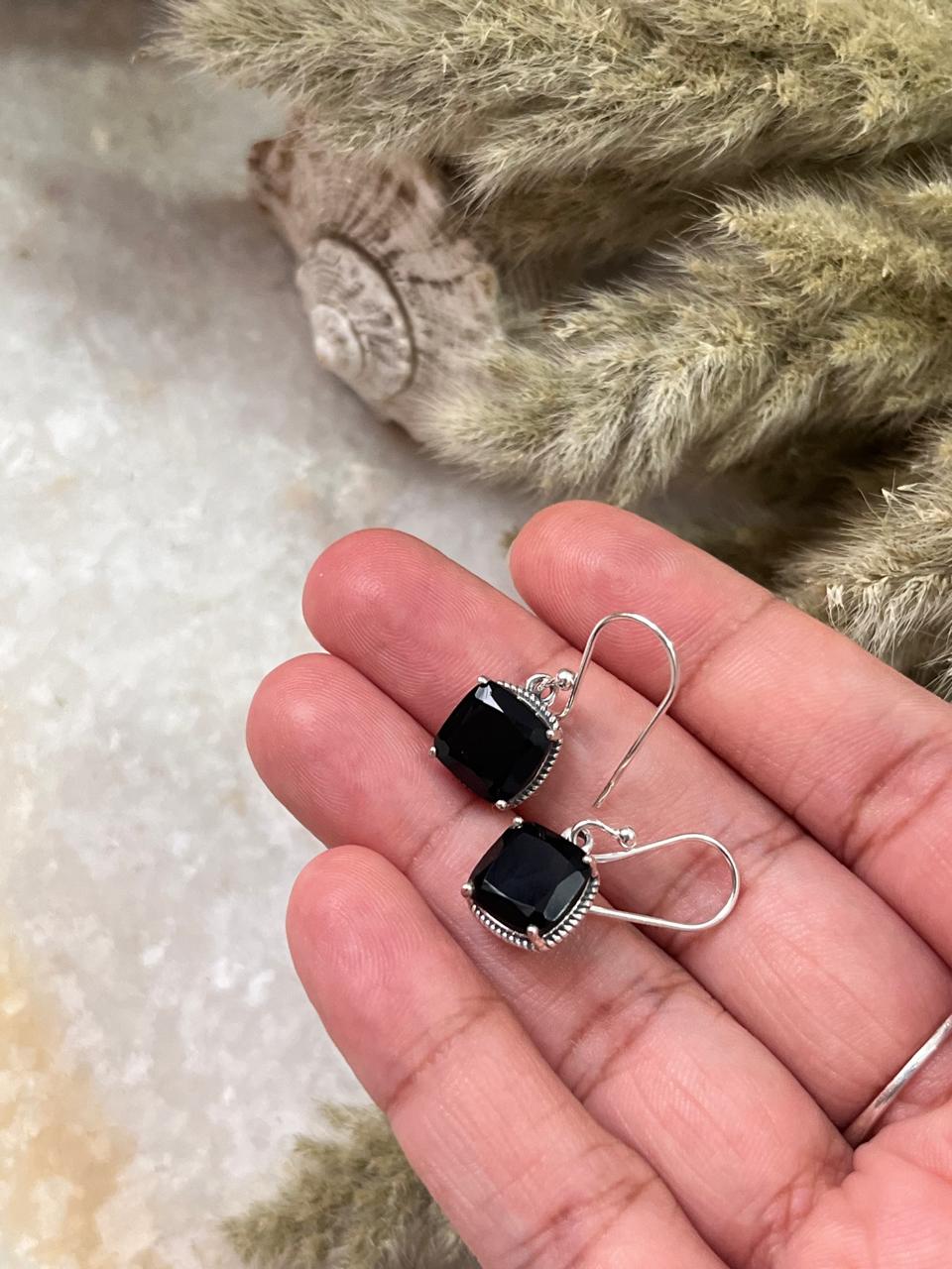 Black Onyx Vintage Cushion Cut 925 Sterling Silver Earrings