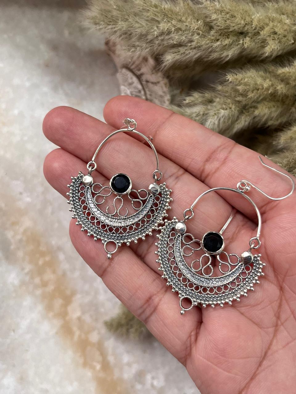 Chandbali Black Onyx 925 Sterling Silver Earrings