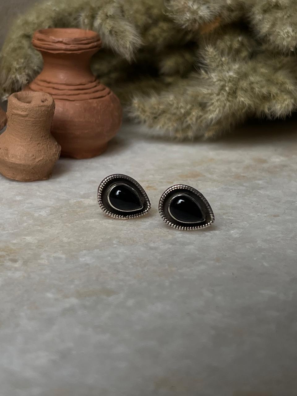 Black Onyx Boho Pear Studs 925 Sterling Silver Earrings
