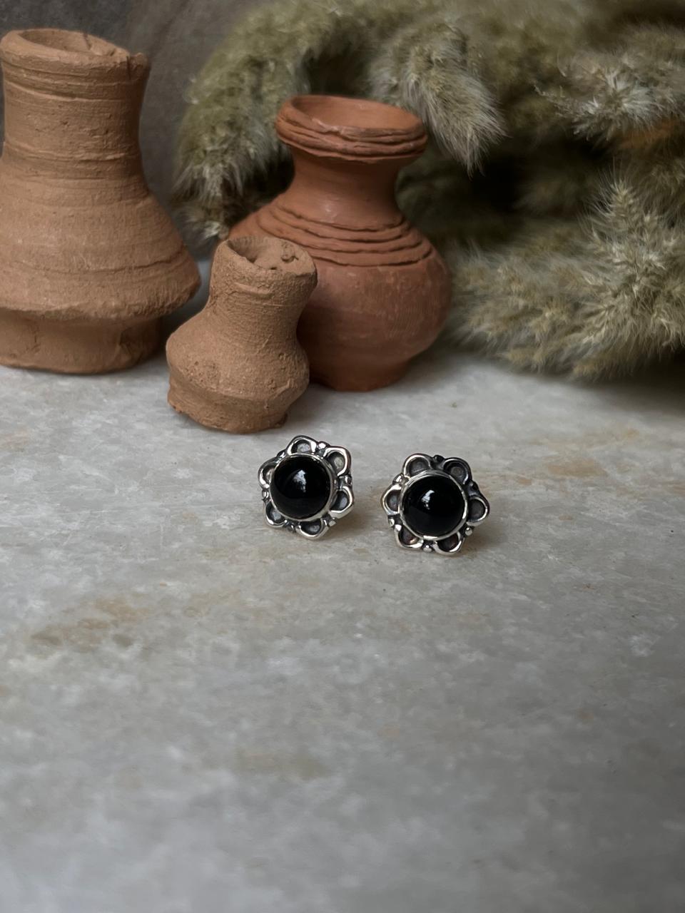 Black Onyx Small Flower Studs 925 Sterling Silver Earrings