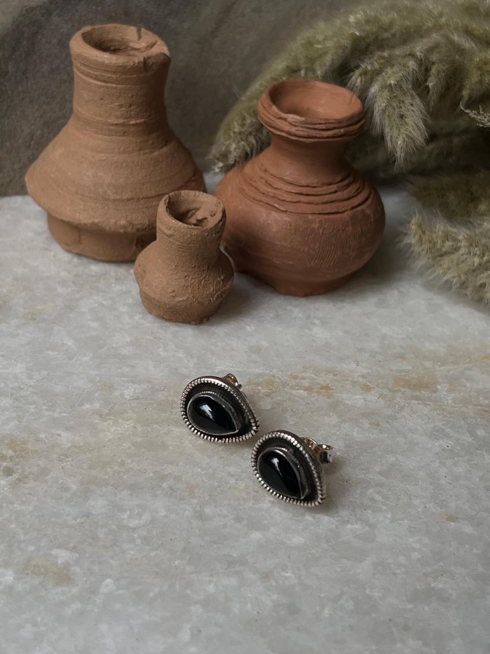 Black Onyx Boho Pear Studs 925 Sterling Silver Earrings