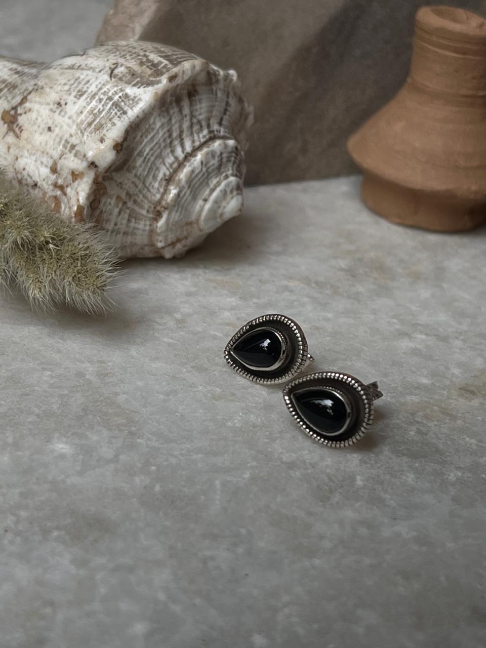 Black Onyx Boho Pear Studs 925 Sterling Silver Earrings