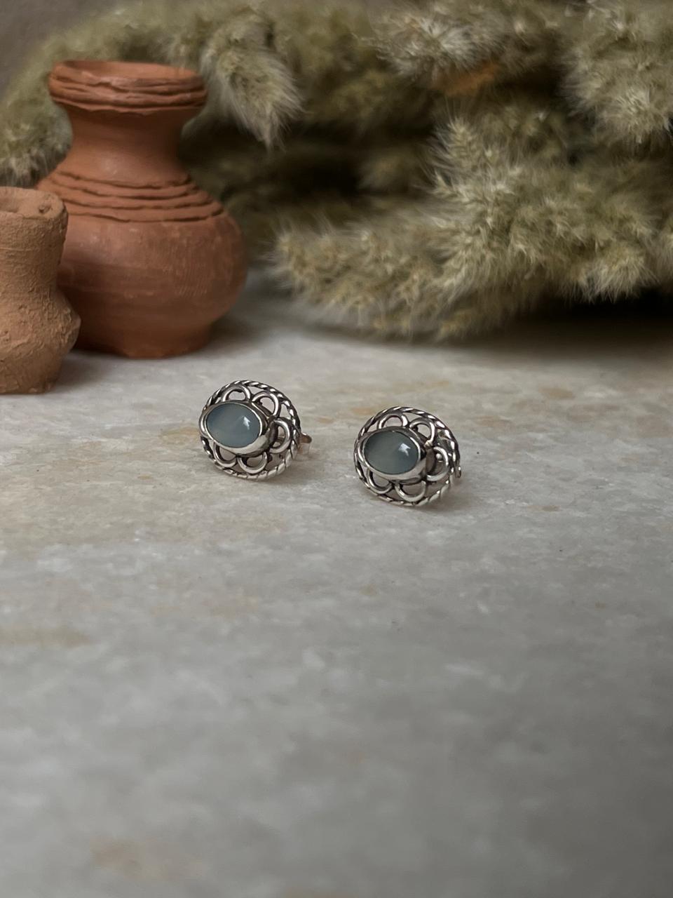 Aqua Chalcedony Oval Flower Studs 925 Sterling Silver Earrings