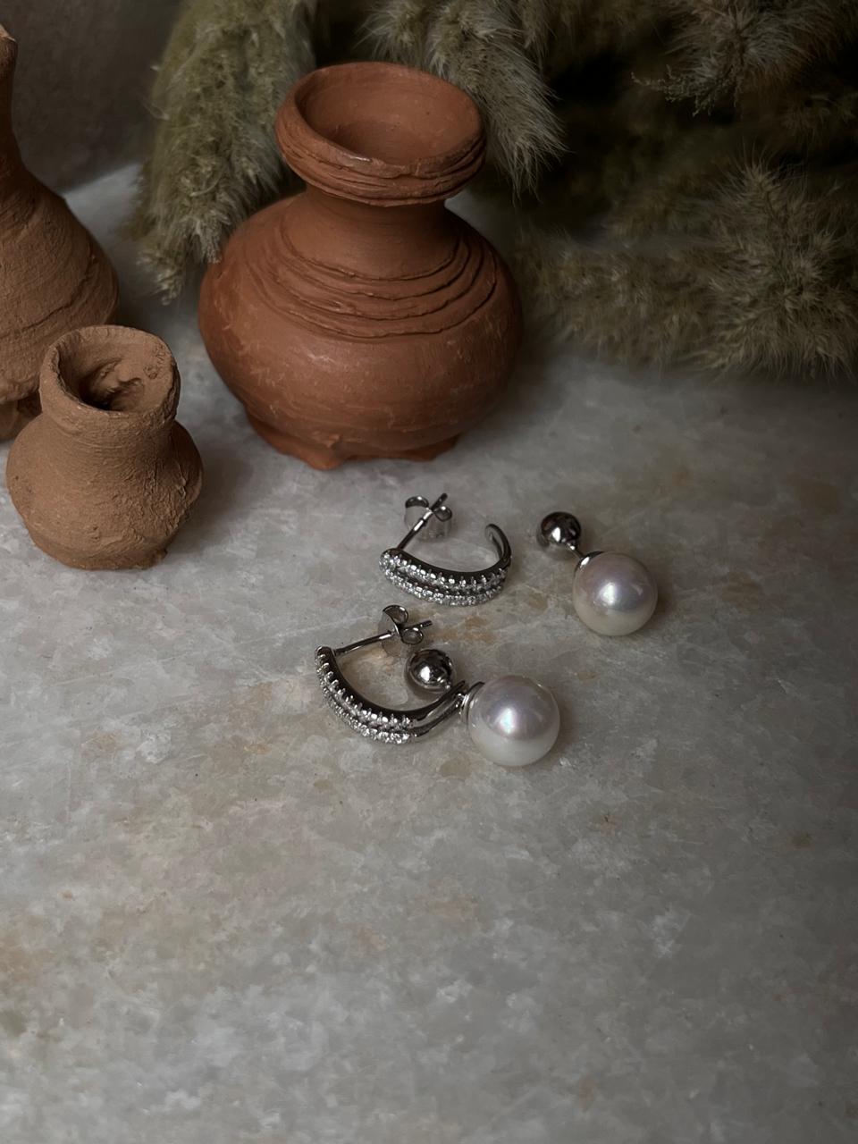 Fresh Water Pearl Cz 2 in 1 925 Sterling Silver Earrings