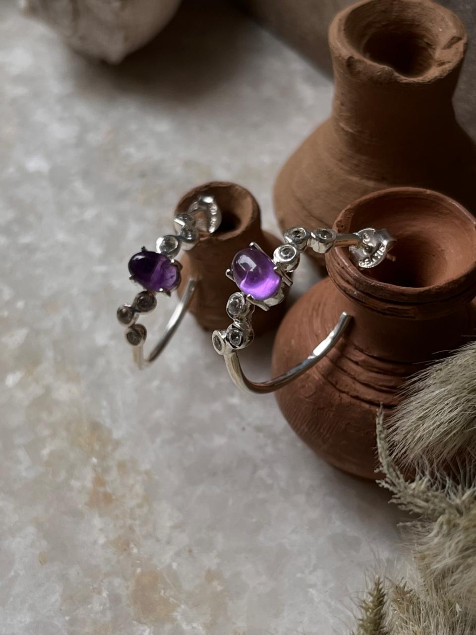 Amethyst Cz Half Hoops 925 Sterling Silver Earrings