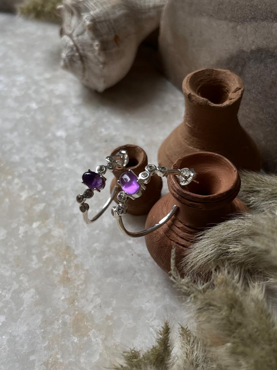 Amethyst Cz Half Hoops 925 Sterling Silver Earrings