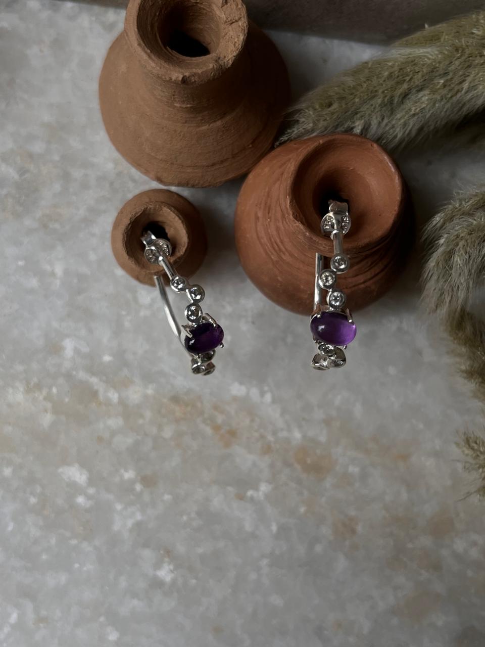 Amethyst Cz Half Hoops 925 Sterling Silver Earrings