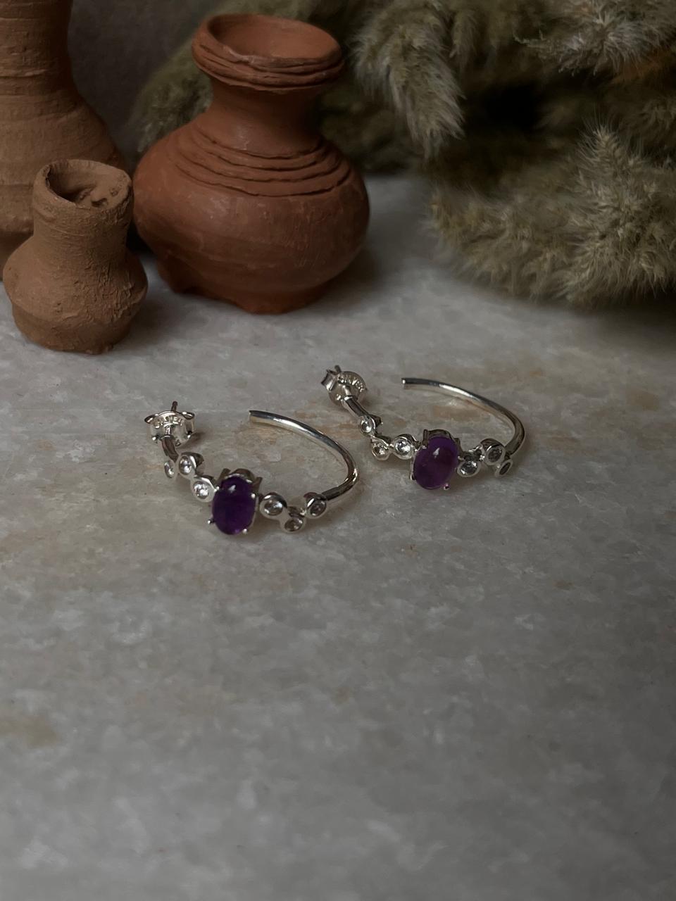 Amethyst Cz Half Hoops 925 Sterling Silver Earrings