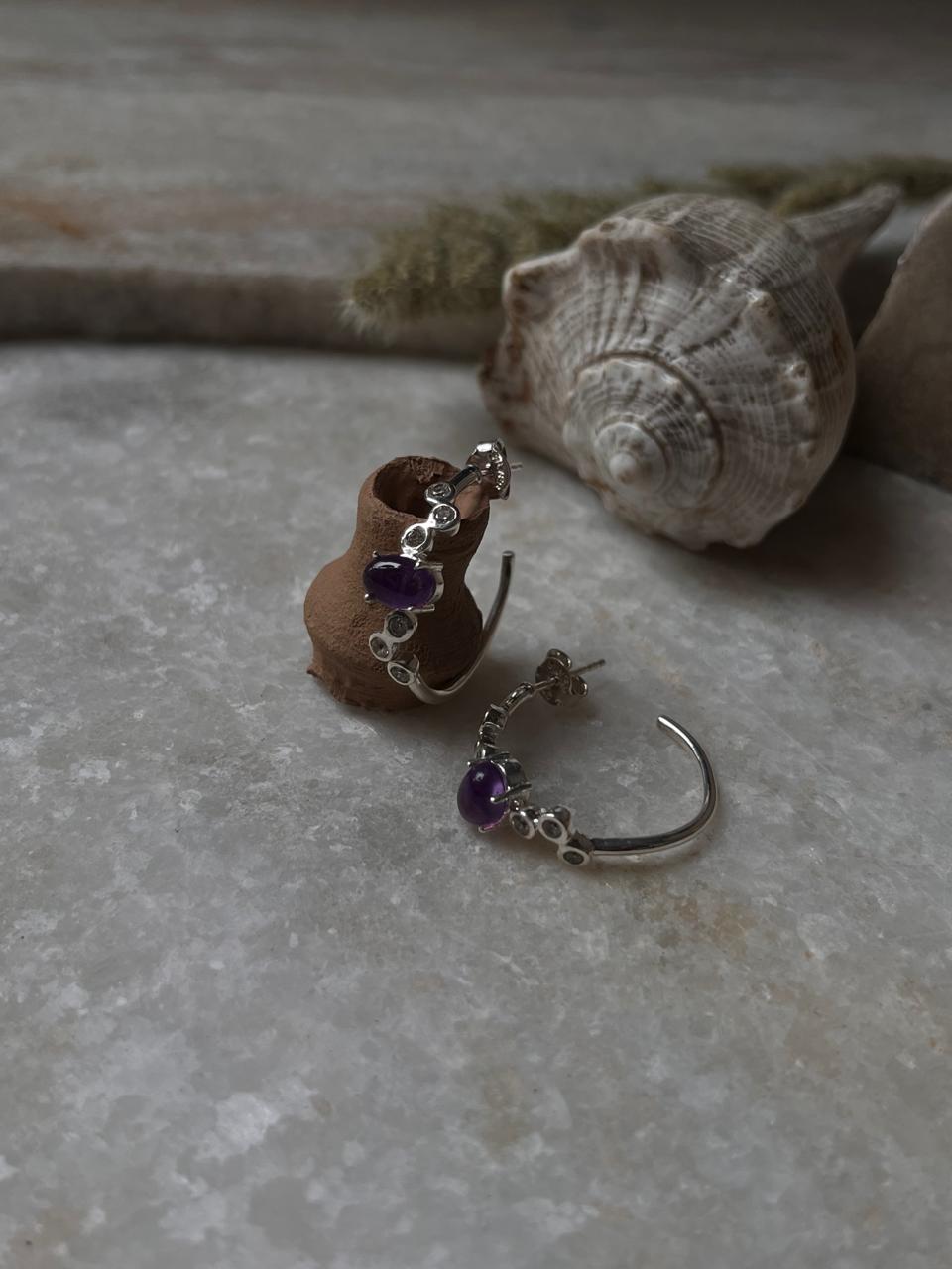 Amethyst Cz Half Hoops 925 Sterling Silver Earrings