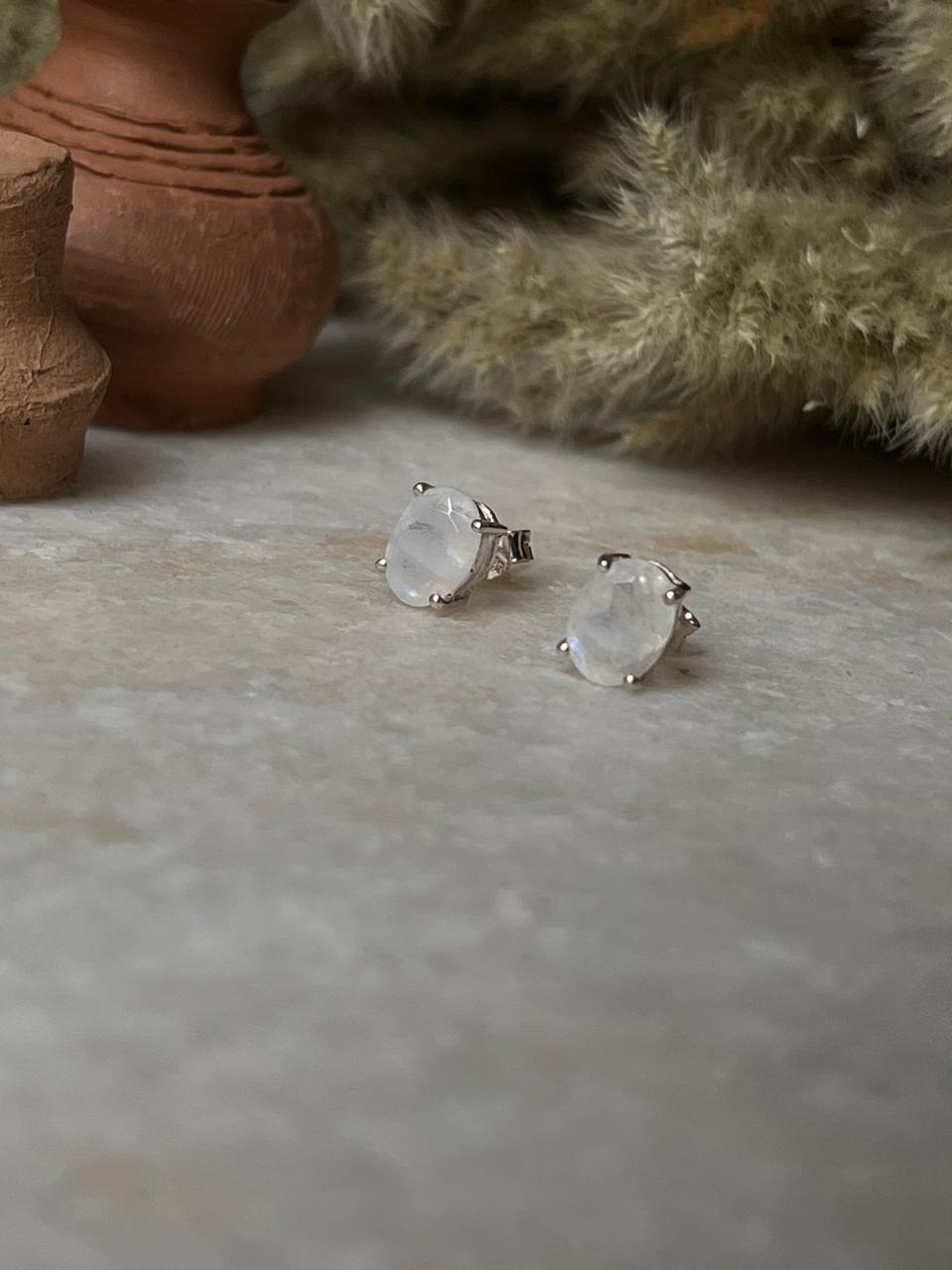 Moonstone Oval Faceted Studs 7MM 925 Sterling Silver Earrings