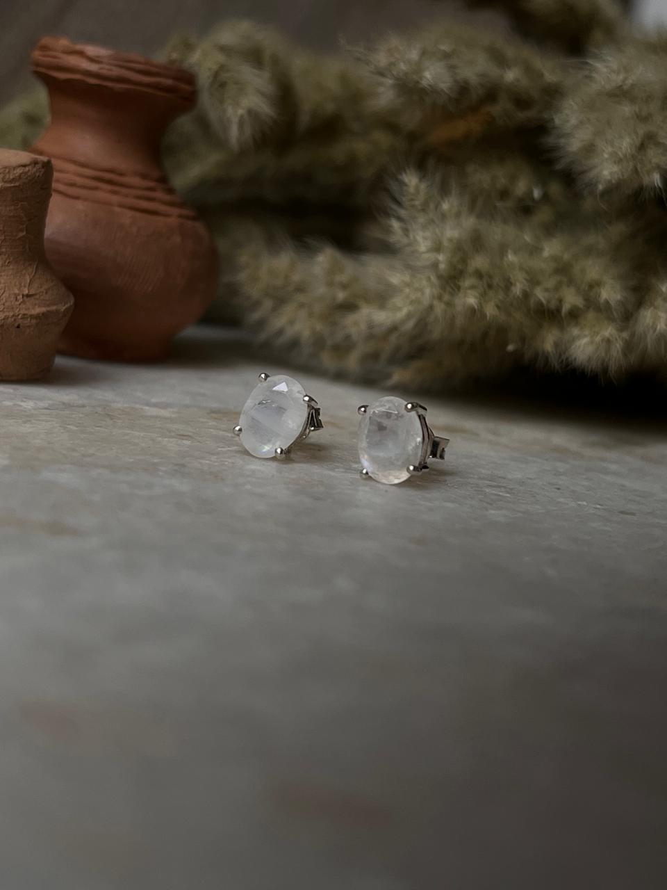 Moonstone Oval Faceted Studs 7MM 925 Sterling Silver Earrings