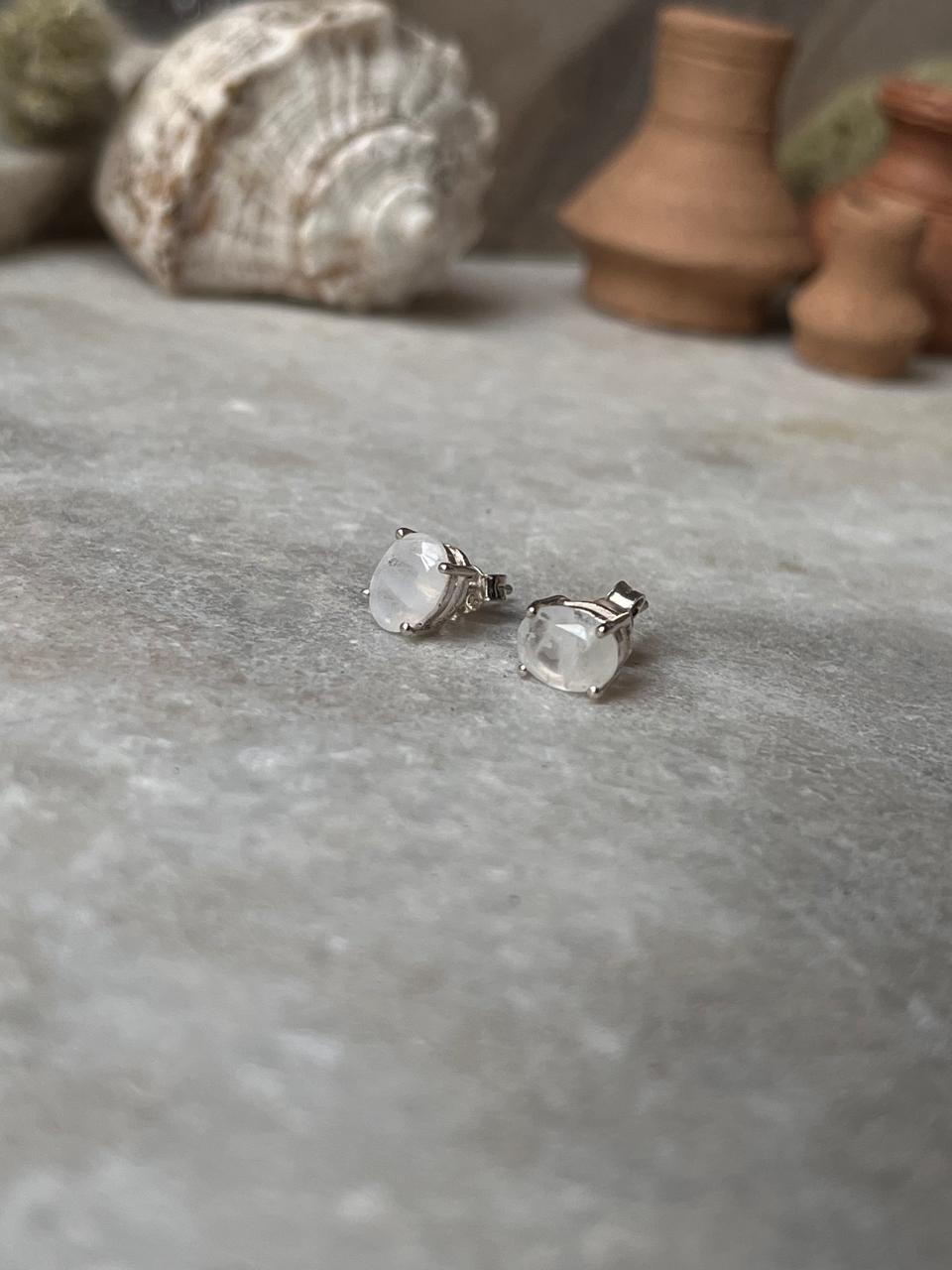 Moonstone Oval Faceted Studs 7MM 925 Sterling Silver Earrings